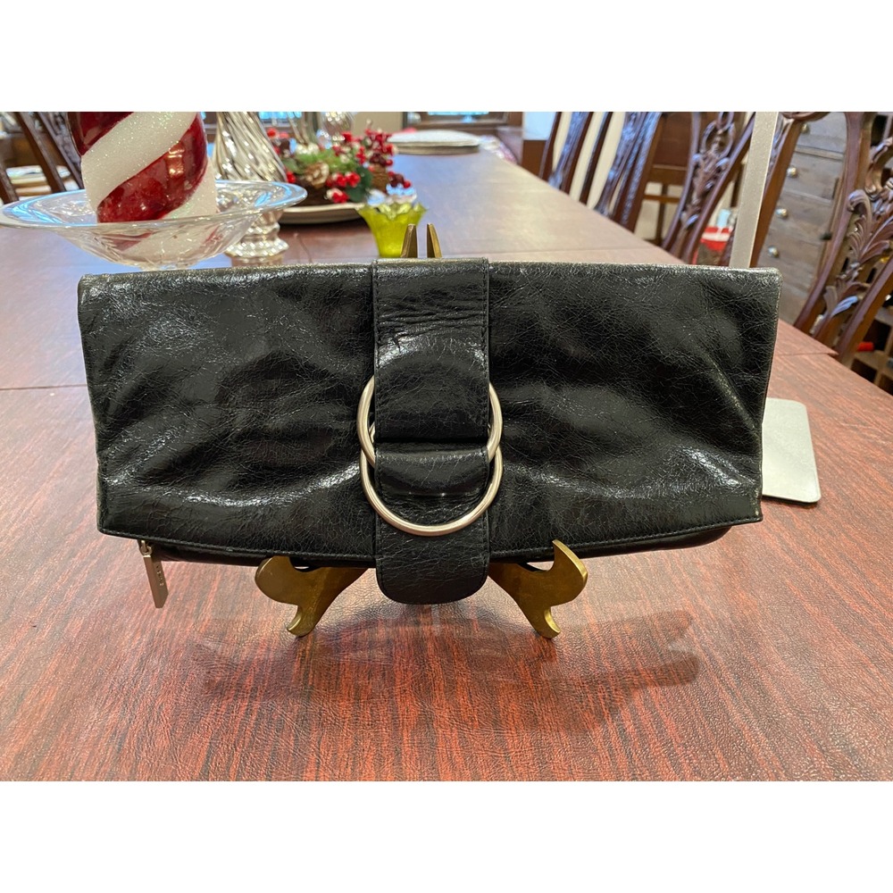 HOBO INTERNATIONAL Black Genuine Leather Clutch Wallet Double Ring Detail